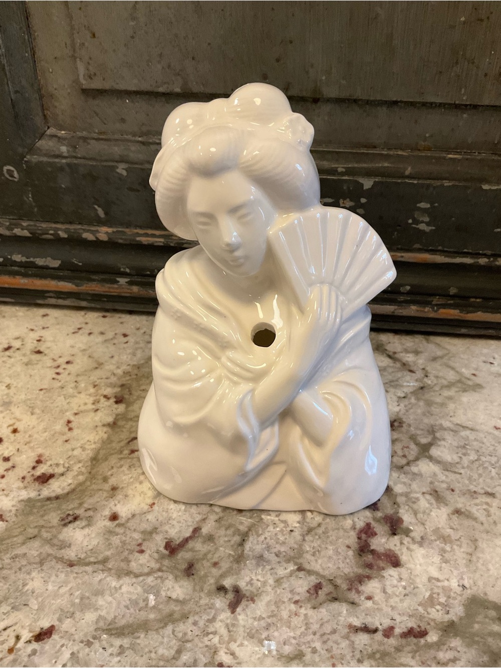 White Ceramic Geisha Figurine with Fan - Decorative Home Art